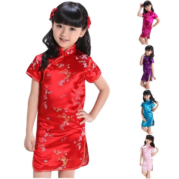 CUZIBR Flower Girl Dress Chinese Cheongsam For Baby Toddler Short Sleeve Stand Collar Slim Fit Summer Breathable Slim Fit Side Split Mini Dress Kids Birthday Party Outfits,Red,18-24 Months