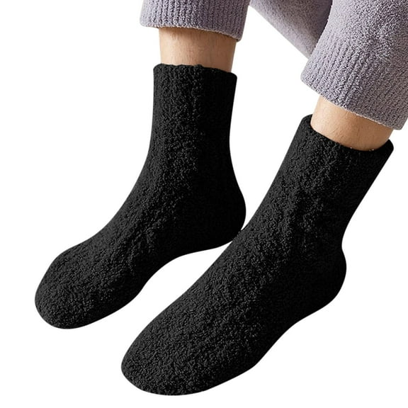 CUZIBR Fluffy Socks Fuzzy Crew Sock Solid Solid Thick Lined Athletic Socks Winter Plush Thermal Cozy Sleeping Fuzzy Socks,Black,One Size
