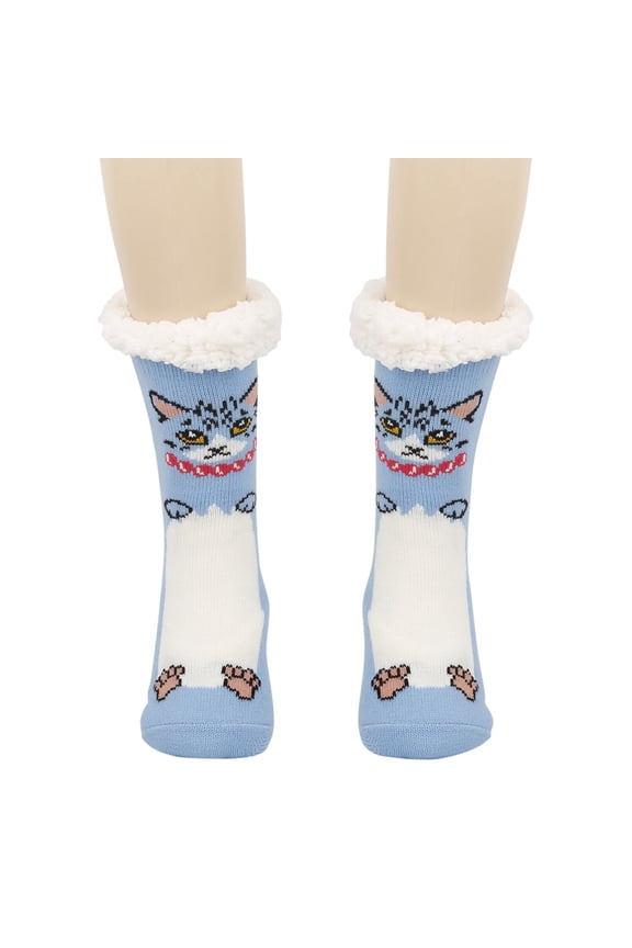Fluffy Socks Fuzzy Slipper Socks Thick Warm Plush Lined Cute Animal Pattern Winter Thermal Non- Booties Stocking Fuzzy Socks,Blue,One Size