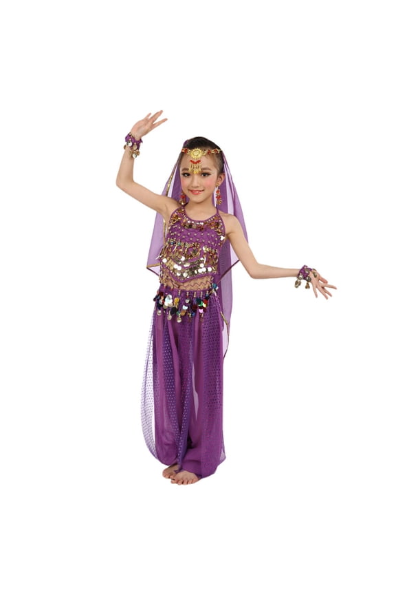 Girl'S Cute Belly Dance Outfits Sequin Tassels Halter Tank Top Solid Color Wide Leg Joggers Stylish Breathable Mesh Carnival Sets Performance Dancewear ,Purple,3-4 Years