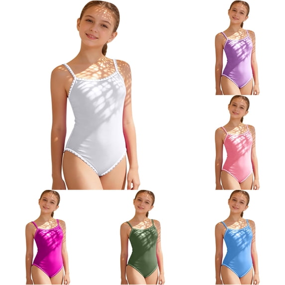 CUZIBR Girl Swimsuit One Piece Spaghetti Strap Square Collar Color Block Trim Seamless Bathing Suit Quickly Drying For Kids Youth Summer Adjustable Straps Padded Swimwear,White,10-11 Years