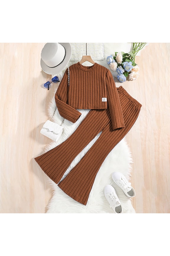 Girls 2 Piece Elegant Outfits Knitted Ribbed Solid Color Long Sleeve Crewneck Pullover Crop Tops Sweater Flared Pants Jogger Trousers Spring Travel Clothes Tracksuit,Brown,8-9 Years