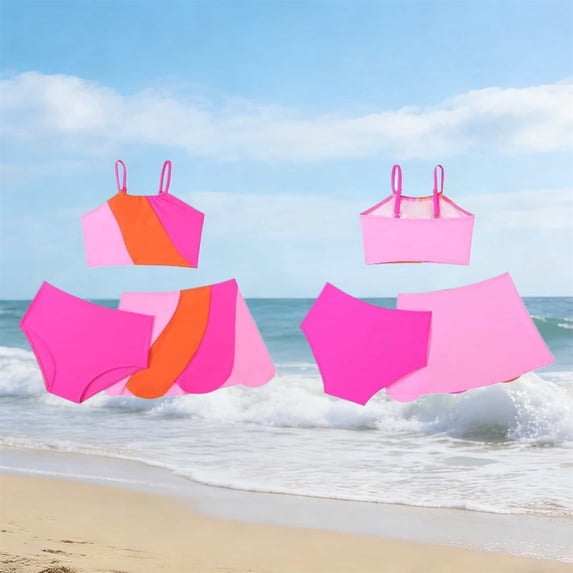 CUZIBR Girls 3 Piece Swimwear Upf 50+ Sun Rash Guard Color Block Spaghetti Strap Off The Shoulder Ruffled Tiered High Waist Bottom Tankini Cover Up Swimsuit Comfortable Beachwear,Orange,12-13 Years