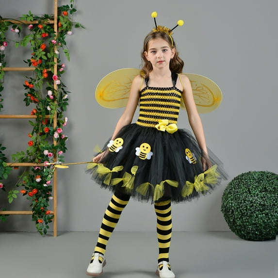 CUZIBR Girls Angel Bee Sweet Set Tutu Dress Outfits Striped Spaghetti Strap Dresses Tight Stocking Socks Headband Wings Five Piece Set Comfortable Trendy Suit Spring Travel Clothes,Yellow,6-7 Years