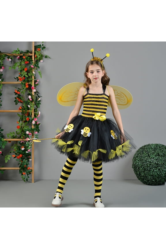Girls Angel Bee Sweet Set Tutu Dress Outfits Striped Spaghetti Strap Dresses Tight Stocking Socks Headband Wings Five Piece Set Comfortable Trendy Suit Streetwear,Yellow,2-3 Years