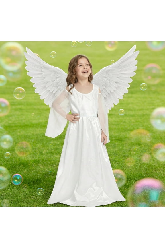 Girls Angel Dress Up Set Stain Skill High Waist Mesh Long Sleeve Long Dresses With Wings Fairy Tale Party Gown For Kids Birthday Pageant Wedding Outfits Vacation Dailywear,White,128