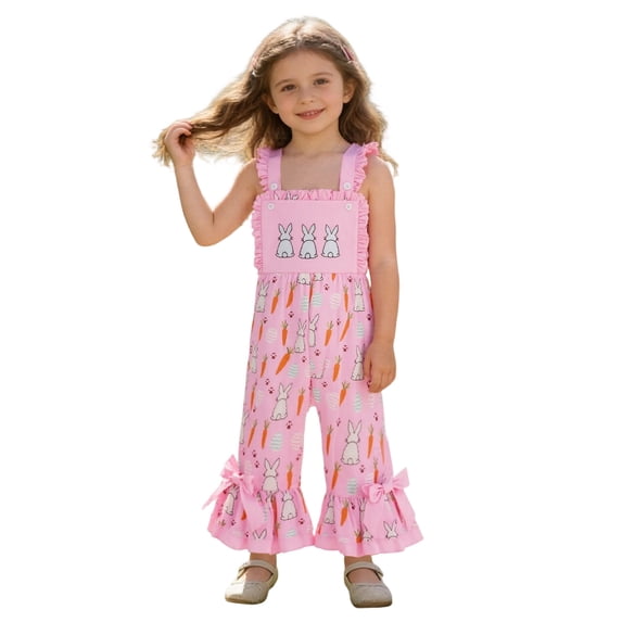 CUZIBR Girls Baby Jumpsuits Outfits Easter Egg Bunny Embroidery Plaid Ruffles Soft Summer Flared Pants Suspenders Cute Overalls Romper Holiday Outfit Onesies Bell Bottoms Trendy Clothes,Pink,2-3Years