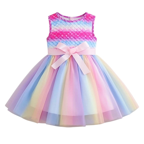 CUZIBR Girls Baby Toddler Tutu Dress Stylish Rainbow Gradient Color Stylish Pattern Sleeveless Round Neck A-Line Dresses For Kids Fashionable Party Birthday Wedding Formal Gown,Multicolour,7-8 Years