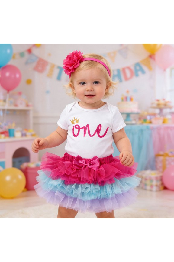Girls Baby Toddler Birthday Clothes Sets 3 Piece Outfit Short Sleeve Letter Print Crewneck Romper Jumpsuit Sequin Tutu Skirts With Headband Cute Spring Party Dailywear,White1,12-24 Months