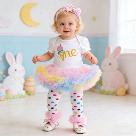 CUZIBR Girls Baby Toddler Birthday Clothes Sets 3 Piece Outfit Short Sleeve Print Crewneck Romper Jumpsuit Sequin Tutu Skirts Headband Stockings Shoes Cute Spring Party Dailywear,White1,6-12 Months