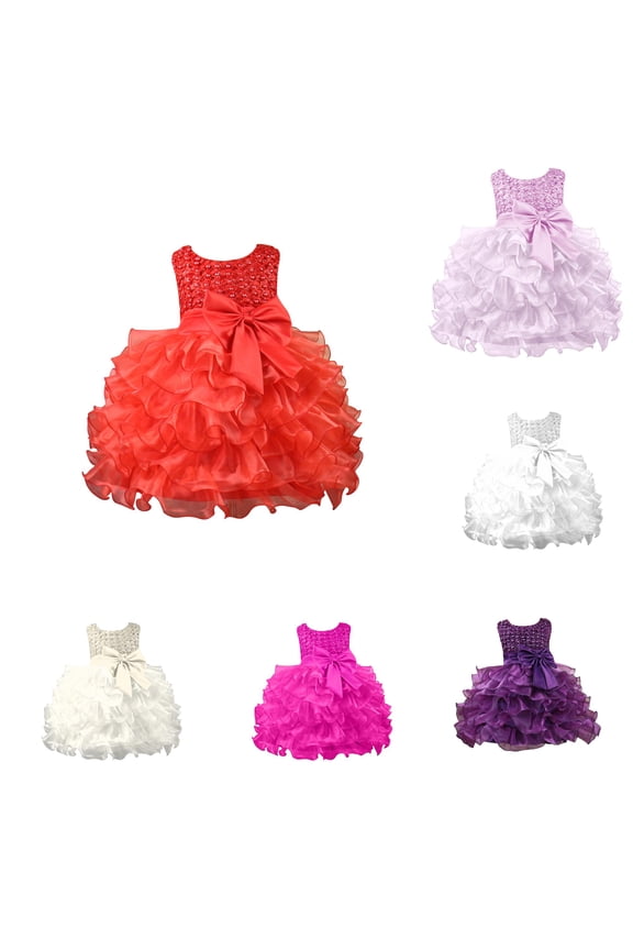 Girls Baby Toddler Party Dress Sleeveless Crewneck Solid Color Flower Tiered Layered Tutu Dress Wedding Party Princess Mesh Tulle Ball Gown Children Lace Evening Dress,Red,12-18 Months