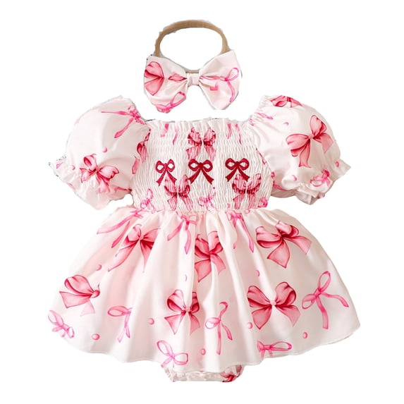 CUZIBR Girls Baby Toddler Romper Dress Short Puff Sleeve Smocked Ruffles Bows Prints Bodysuits With Headband 2 Piece Fashionable Elegant Cozy Summer Set,Red,6-12 Months