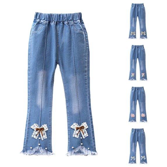 CUZIBR Girls Baby Toddler Stylish Flared Denim Pants Embroidered Jeans Elastic Ruffle Waist Raw Fringe Hem Washed Casual Bottoms Relax Fit Fashionable Summer Trousers,Navy,3-4 Years