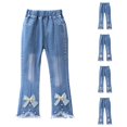 thumbnail image 1 of CUZIBR Girls Baby Toddler Stylish Flared Denim Pants Embroidered Jeans Elastic Ruffle Waist Raw Fringe Hem Washed Casual Bottoms Relax Fit Fashionable Summer Trousers,Dark Blue,11-12 Years, 1 of 6