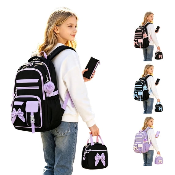 CUZIBR Girls Backpack Color Block 3Pcs Set With Lunch Bag Pencil Case Multi Pocket School Backpack Adjustable Padded Straps Large Capacity Book Bag For Girls School Daily Use