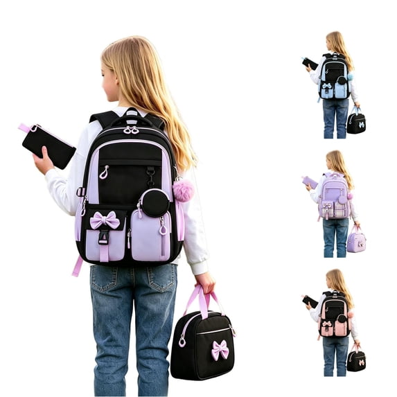 CUZIBR Girls Backpack Set School Rucksack Matching Lunch Bag Pencil Case Pom Pom Charm Padded Straps Multi Compartment Book Bag For Primary Students School Daily Travel
