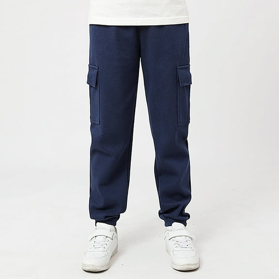 CUZIBR Girls Baggy Pants Cargo Pants Fashion Side Pockets Solid Color Cozy Elastic Waist Wide Led Ankle-Tied Joggers Casual Trousers,Navy,11-12 Years