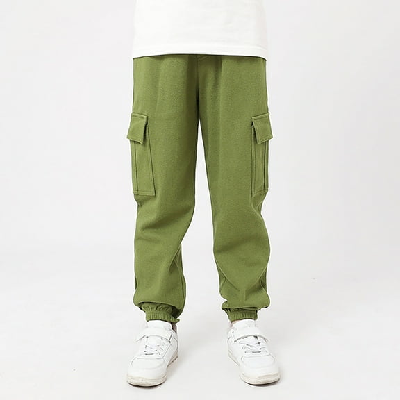 CUZIBR Girls Baggy Pants Cargo Pants Fashion Side Pockets Solid Color Cozy Elastic Waist Wide Led Ankle-Tied Joggers Streetwear For Boys,Green,7-8 Years