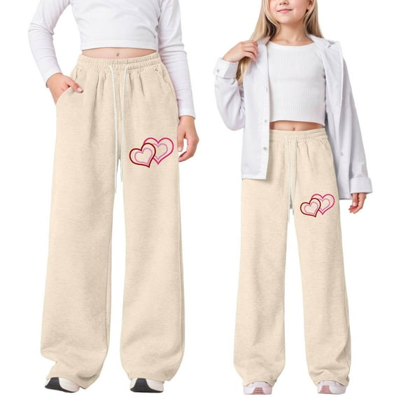 CUZIBR Girls Baggy Pants Cute Bow Heart Print Valentine'S Day Trousers Lightweight Straight Leg Pants Athletic Pants With Pockets Casual Athletic Clothes,Beige,12-13 Years