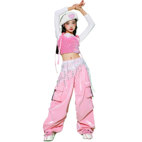 CUZIBR Girls Baggy Pants Jazz Pants Sparkly Shiny Wide Leg Cargo Trousers Stage Performance Show Dancewear Sequin Streetwear Casual Soft Dailywear,Pink,11-12 Years