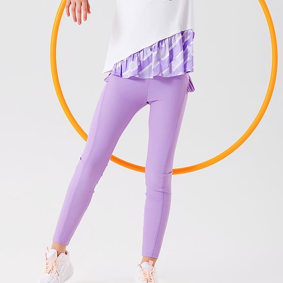 CUZIBR Girls Baggy Pants Solid High Waist Yoga Pants Leggings Ruffles Hem Yoga Fitness Tight Stretch Trousers Casual Soft Dailywear,Purple,12-13 Years