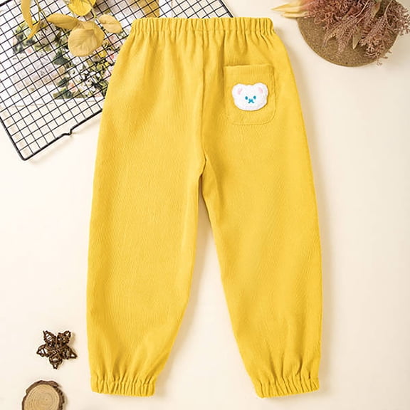 CUZIBR Girls Baggy Pants Winter Warn Corduroy Trousers Wide Leg Pants Cartoon Print Ankle-Tied Windbreaker Joggers Casual Athletic Clothes,Yellow,2-3 Years