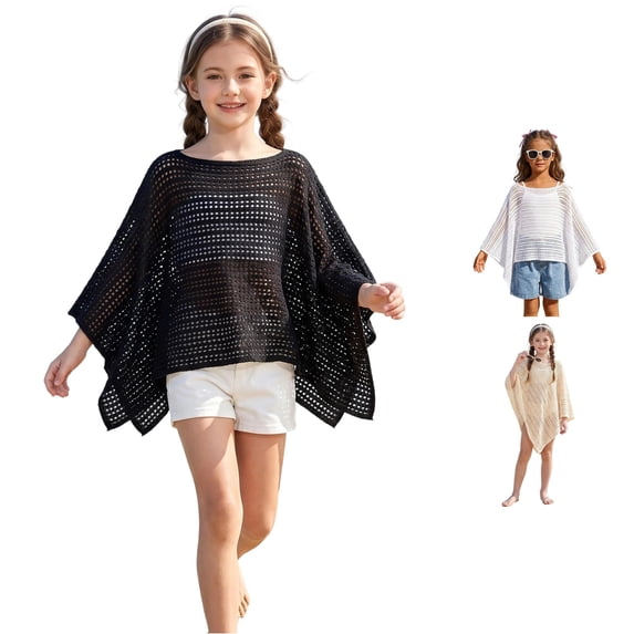 CUZIBR Girls Beach Cover Up Cardigan For Kids Hollow Knit Poncho Round Neck Batwing Sleeve Irregular Hem Breathable Swim Covers Tunic For Summer Vacation,Black,6-8 Years