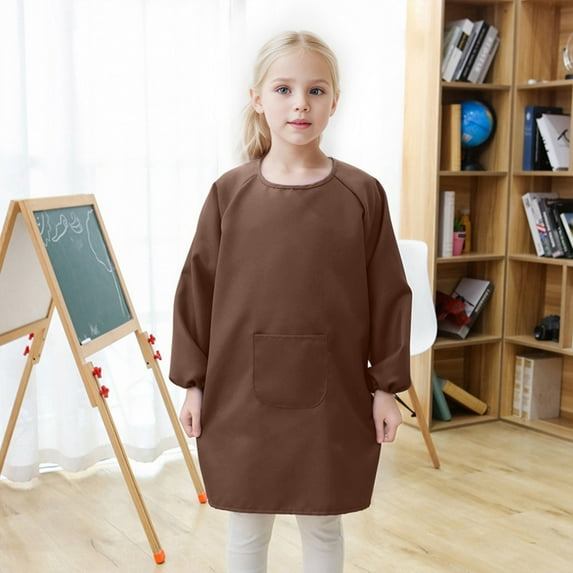 CUZIBR Girls Boys Apron Long Sleeve Solid Color Front Pocket Jacket For Children Artist Painting Aprons Mid-Lengh Smocks,Coffee,8-12 Years