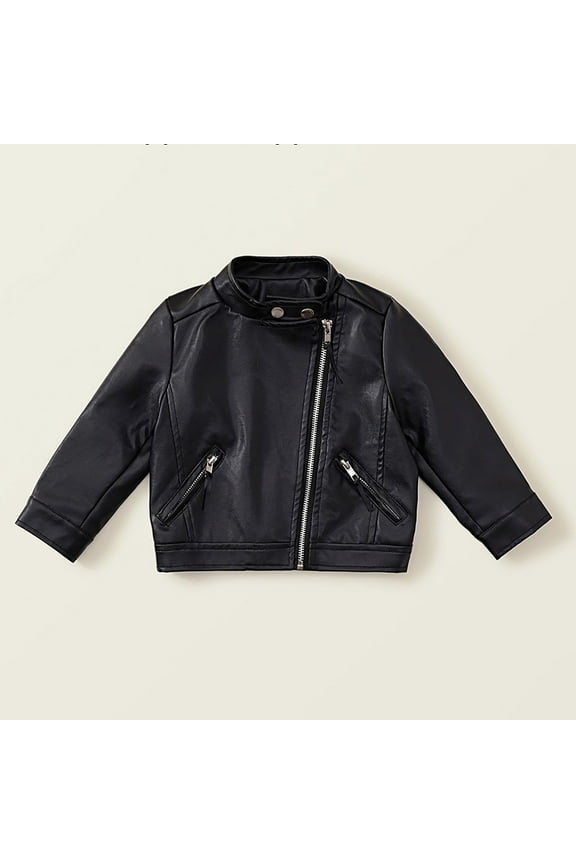 Girls Boys Leather Motorcycle Jacket Long Sleeve Zipper Up With Pocket Cool Fall Coat Slim Fit Fashion Windproof Waterproof Bomber Streetwear,Black,2-3 Years