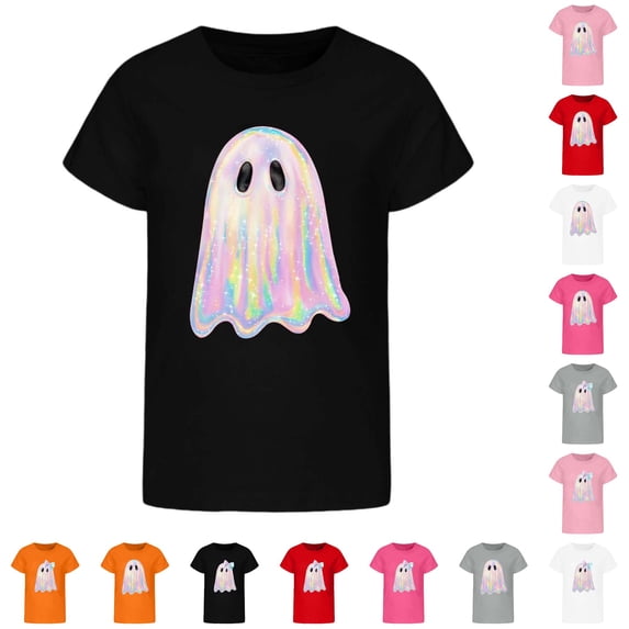 CUZIBR Girls Boys Toddler Halloween Tee Tops Stylish Ghost Funny Graphic Print Short Sleeve Round Neck T Shirt Party Tees For Unisex Kids Comfortable Basic Summer Fall Tshirts,A-Black,5-6 Years
