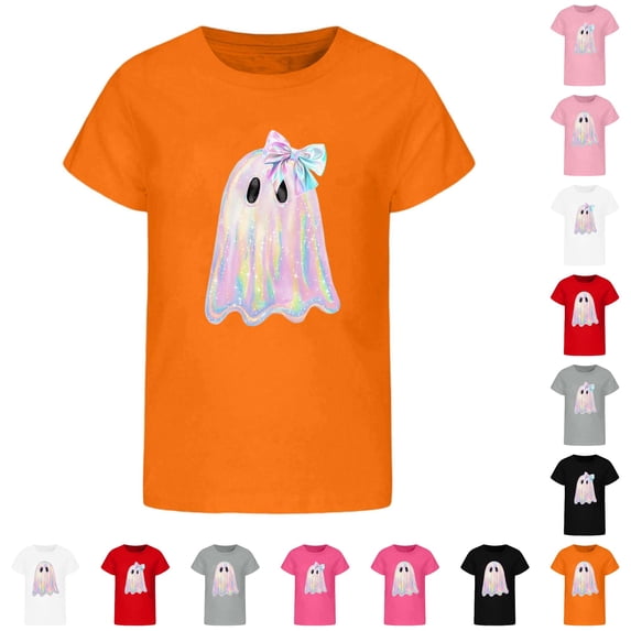 CUZIBR Girls Boys Toddler Halloween Tee Tops Stylish Ghost Funny Graphic Print Short Sleeve Round Neck T Shirt Party Tees For Unisex Kids Comfortable Basic Summer Fall Tshirts,B-Orange,7-8 Years