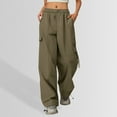 thumbnail image 1 of CUZIBR Girls Cargo Pants Casual Straight Wide Leg Baggy High Waisted Drawstring Loose Fit Joggers Teens Girls Athletic Hiking Trousers Streetwear,Army Green,15-16 Years, 1 of 5