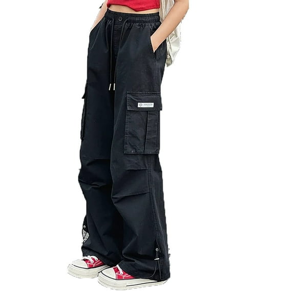 CUZIBR Girls Cargo Pants Casual Straight Wide Leg Baggy High Waisted Drawstring Loose Fit Joggers Teens Girls Athletic Hiking Trousers Streetwear,Black,8-9 Years