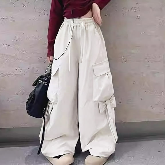 CUZIBR Girls Cargo Pants Casual Straight Wide Leg Baggy High Waisted Drawstring Loose Fit Joggers Teens Girls Athletic Hiking Trousers Streetwear,Light Gray,8-9 Years