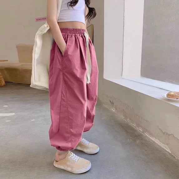 CUZIBR Girls Cargo Pants Solid Color Elastic Waist Multi Pockets High Waist Casual Loose Fit Comfortable Trousers Wide Leg Fashionable Lightweight Casual Joggers Trendy Dailywear,Pink,3-4 Years