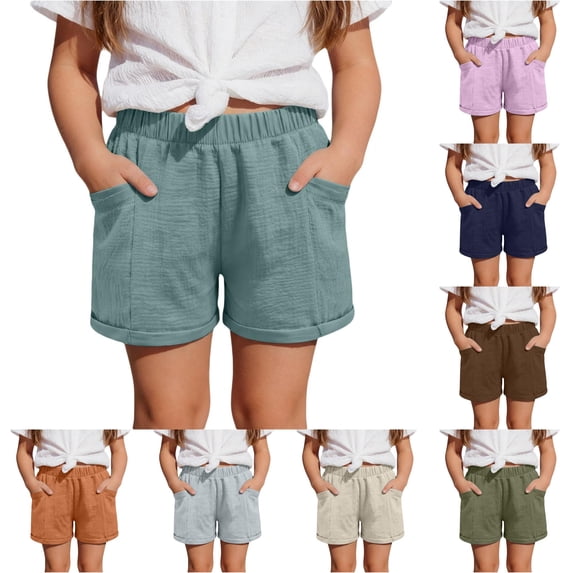 CUZIBR Girls Casual Solid Color Loose Fit Summer Shorts Textured Casual Elastic Waist With Pockets Lightweight Soft Short Pants Daily Outdoor Summer Breathable Dailywear,Light Green,6-7 Years