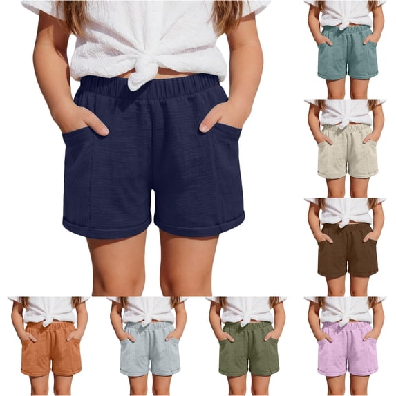 CUZIBR Girls Casual Solid Color Loose Fit Summer Shorts Textured Casual Elastic Waist With Pockets Lightweight Soft Short Pants Daily Outdoor Summer Breathable Dailywear,Navy,8-9 Years