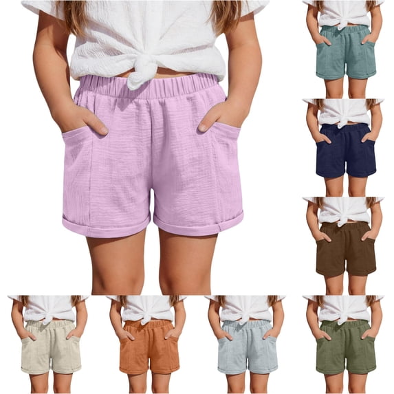 CUZIBR Girls Casual Solid Color Loose Fit Summer Shorts Textured Casual Elastic Waist With Pockets Lightweight Soft Short Pants Daily Outdoor Summer Breathable Dailywear,Pink,10-11 Years