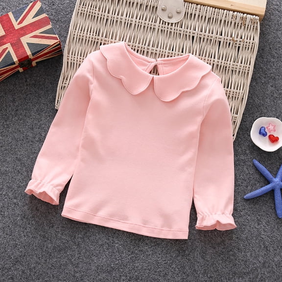 CUZIBR Girls Casual Tops Peter Pan Collar Solid Ruffles Long Sleeve Basic Shirt Blouse Stylish Comfortable Daily Wear Soft Fall Clothes,Pink,5-6 Years