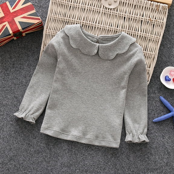 CUZIBR Girls Casual Tops Peter Pan Collar Solid Ruffles Long Sleeve Basic Shirt Blouse Stylish Comfortable Daily Wear Spring Fall Clothing,Grey,2-3 Years