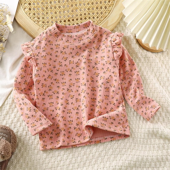 CUZIBR Girls Casual Tops Ribbed Knitting Heart Floral Print Base T-Shirt Ruffles Long Sleeve Layering Soft Tee Soft Fall Clothes,PK3,3-4 Years