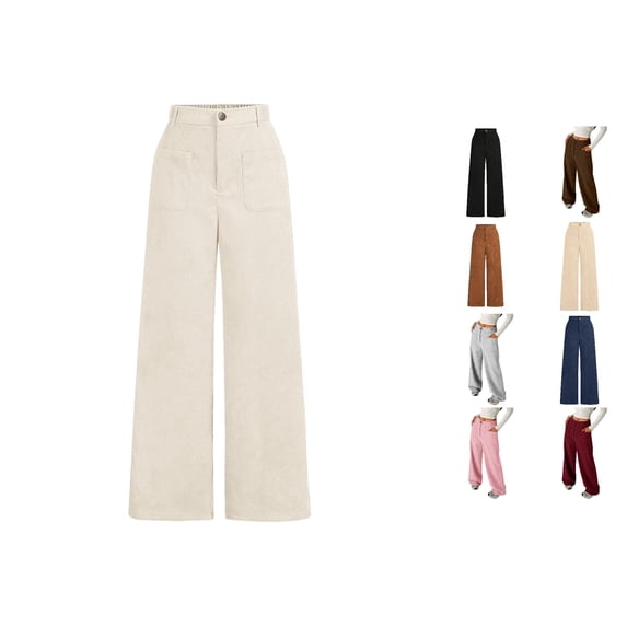 CUZIBR Girls Casual Wide Leg Pants Solid Color Corduroy Wide Leg Trousers Front Button Zip Pockets Elastic Waist Loose Fit Summer Fall Breathable Relaxed Long Trousers Dailywear,Beige,9-10 Years