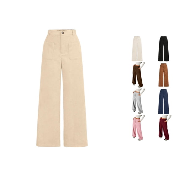 CUZIBR Girls Casual Wide Leg Pants Solid Color Corduroy Wide Leg Trousers Front Button Zip Pockets Elastic Waist Loose Fit Summer Fall Breathable Relaxed Long Trousers Dailywear,Khaki,7-8 Years