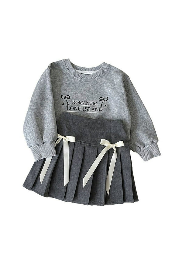 Girls Children Toddler Skirts Set Loose Fit Long Sleeve Crewneck Pullover Sweatshirt Tops Classic Pleated Mini Skirt Spring Spring Summer Two Piece Fashionable Outfits,Grey,2-3 Years