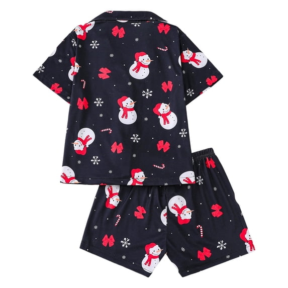 CUZIBR Girls Christmas Party Outfits Stylish Button Down Short Sleeve Lapel Collar Top Blouse Shorts Soft Cartoon Bow Floral Print Leopard Home Dailywear Girls' Clothing Sets,Black,5 Years