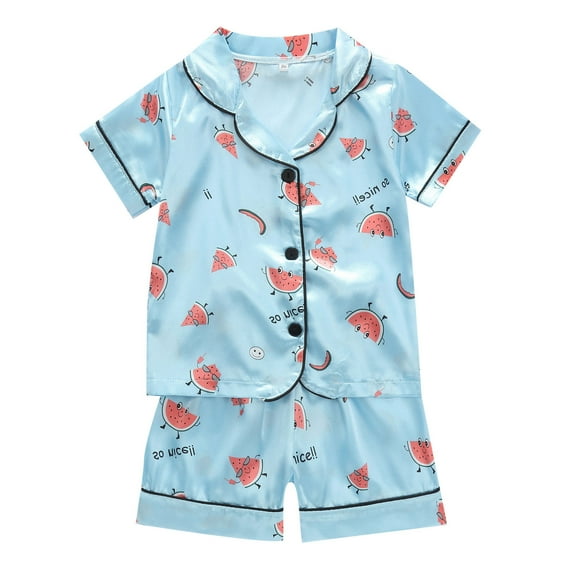 CUZIBR Girls Christmas Party Outfits Xmas Home Clothes Short Set Cartoon Print Short Sleeve Button Down Satin Shirts Shorts 2 Piece Casual Soft Baby Boys' Clothing Sets,Light Blue,12-18 Months