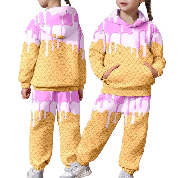 CUZIBR Girls Christmas Sweatshirt Casual Hoodie Long Sleeve Stylish Ice Cream Print Tops And Wide Leg Trousers Set For Big Boys Youth Relaxed Two Piece Outfit Dailywear,Pink,1-2 Years
