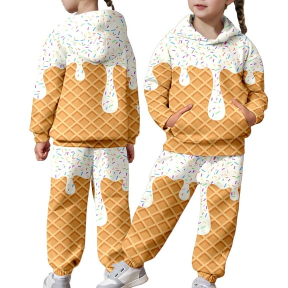 CUZIBR Girls Christmas Sweatshirt Casual Hoodie Long Sleeve Stylish Ice Cream Print Tops And Wide Leg Trousers Set For Big Boys Youth Relaxed Two Piece Outfit Outfit,White,2-3 Years