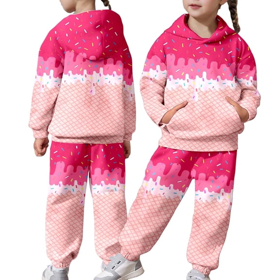 CUZIBR Girls Christmas Sweatshirt Casual Hoodie Long Sleeve Stylish Ice Cream Print Tops And Wide Leg Trousers Set For Big Boys Youth Relaxed Two Piece Outfit Daily Wear,Pink,1-2 Years