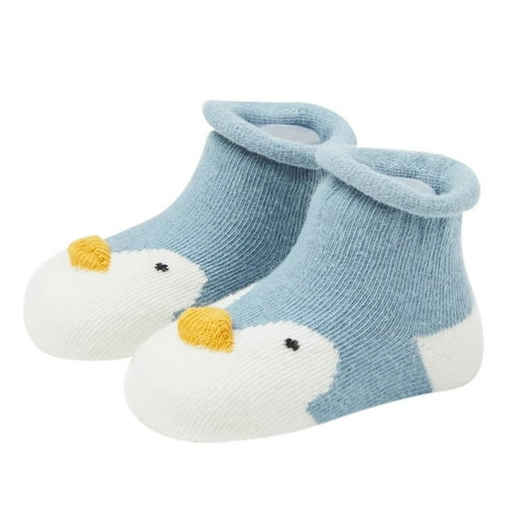 CUZIBR Girls Cozy Socks Non- Boot Crew Socks Cute Cartoon Animal Pattern Color Block Winter Thermal Thickened Fuzzy Sock Floor Warm Comfy Dailywear,Blue,0 -6 Months